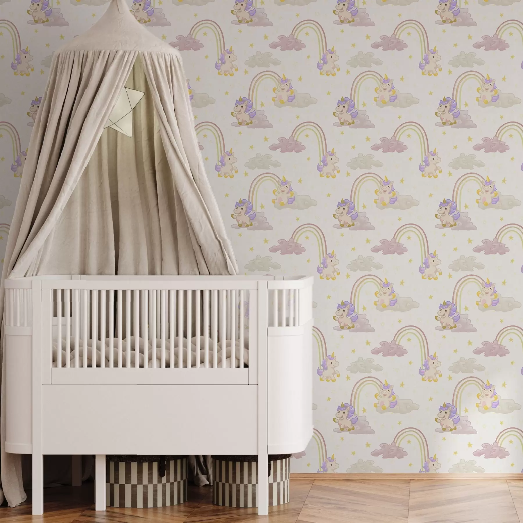 murales de pared Bonito unicornio con arco iris y estrellas a00339