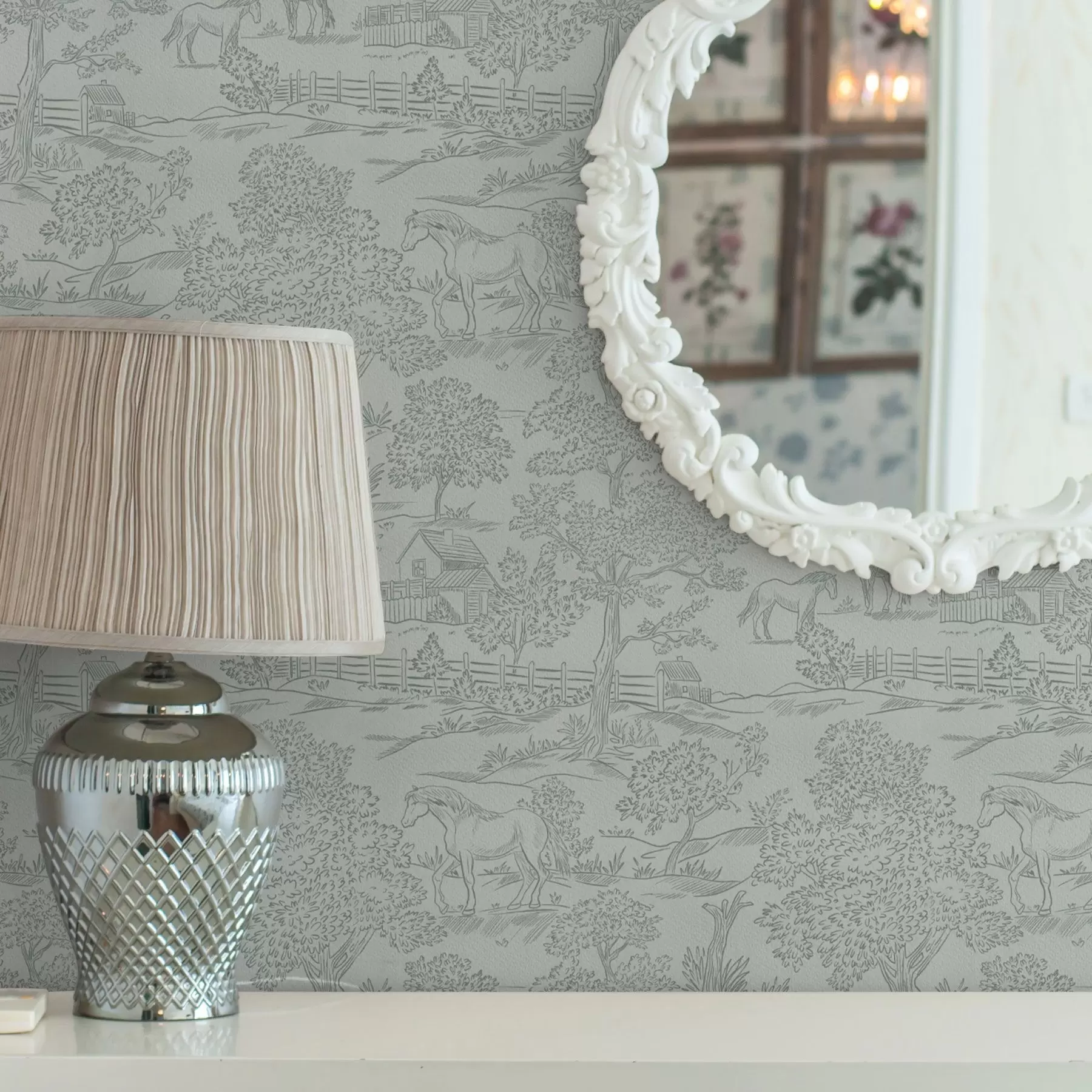 murales de pared Paisaje verde monocromo con caballos y casitas de campo a00407