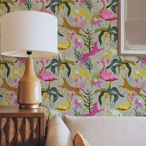 Fotomurale Papel pintado Flamencos y leopardos brillantes entre plantas tropicales, Papel pintado Naturaleza, a00470 : uwalls.com.pe