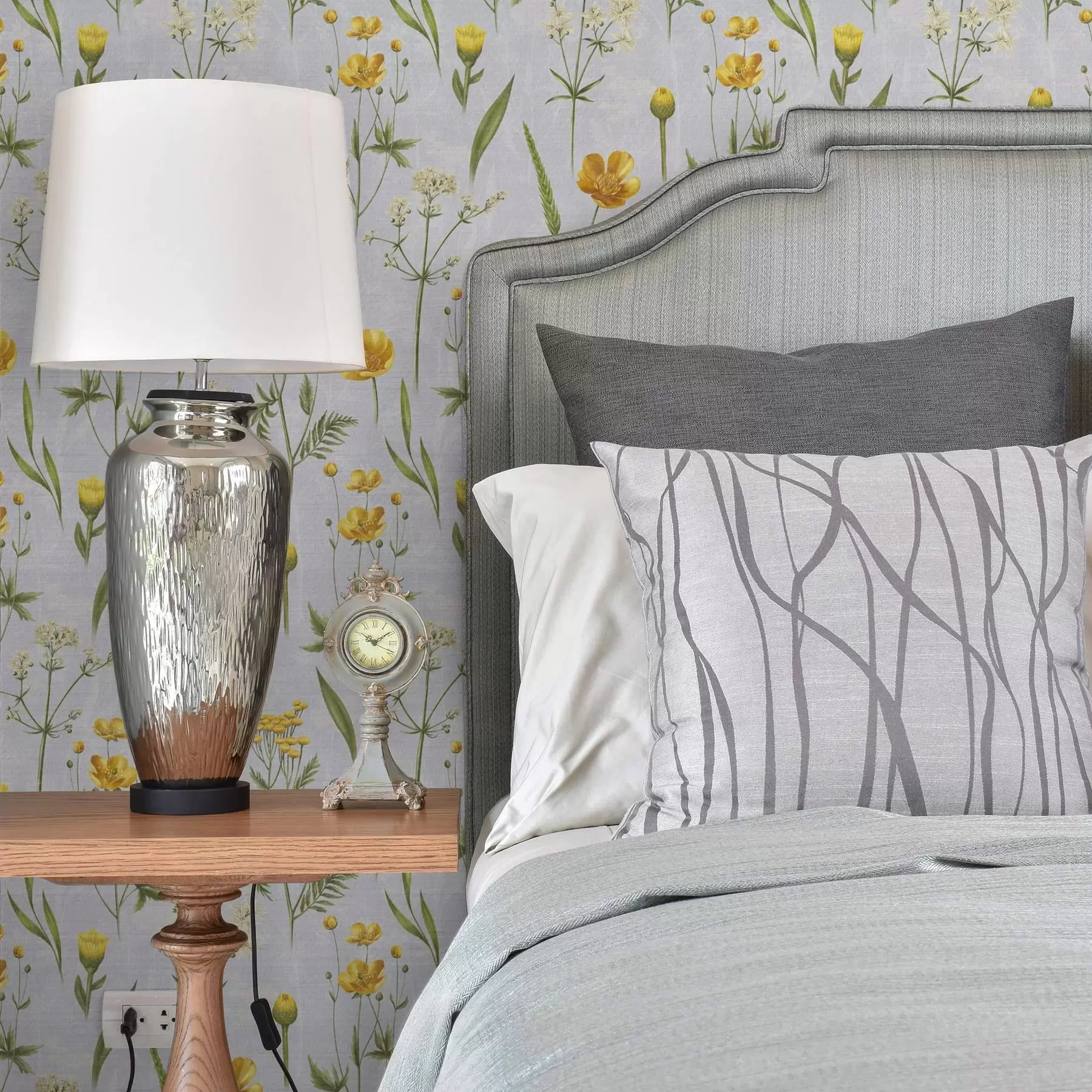 murales de pared Flores amarillas y verdes sobre fondo gris claro a00472