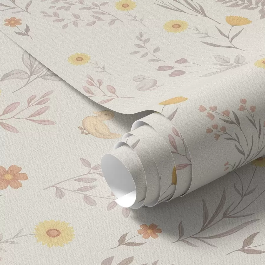 murales de pared Flores de campo y gallinas en suaves tonos pastel a00478