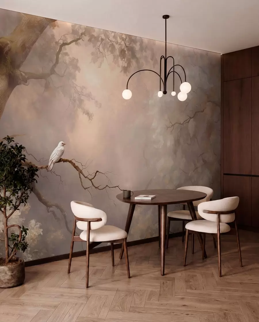 murales de pared Ave blanca en bosque antiguo w04314