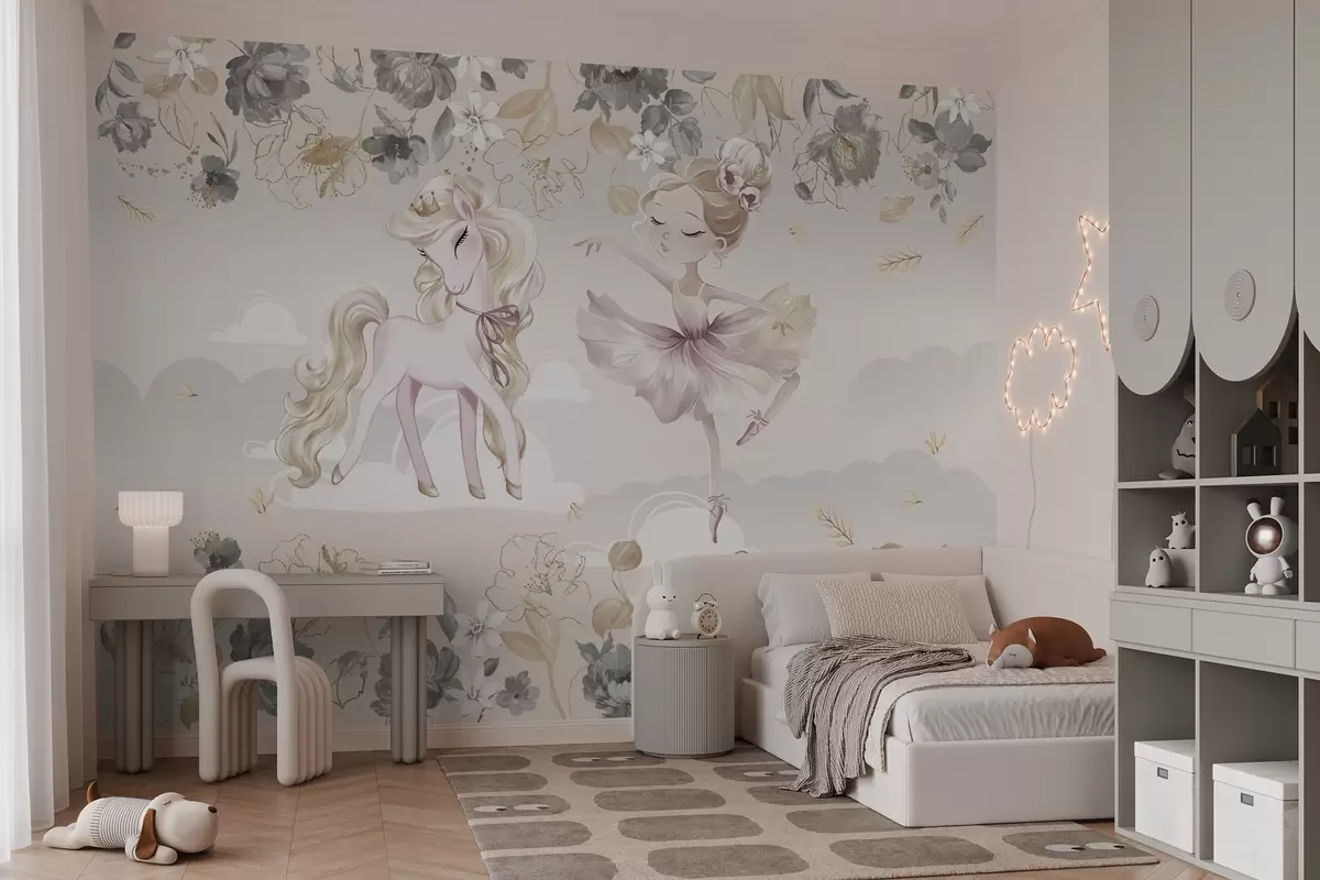 murales de pared Poni blanco como la nieve y bailarina entre flores y nubes w04419