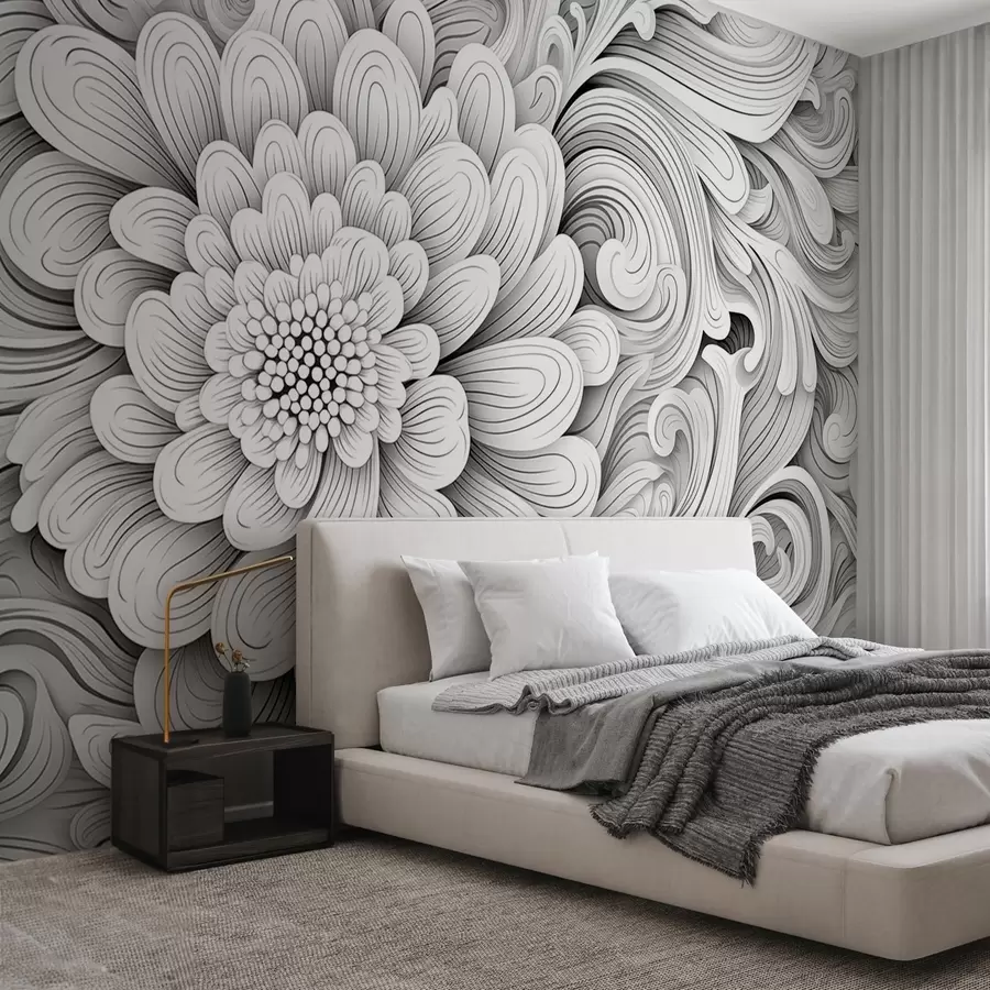 murales de pared Motivo decorativo en blanco y negro en forma de flor y remolinos w09355