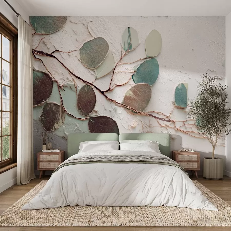 murales de pared Árbol decorativo con hojas e imitación de fondo texturado w09357
