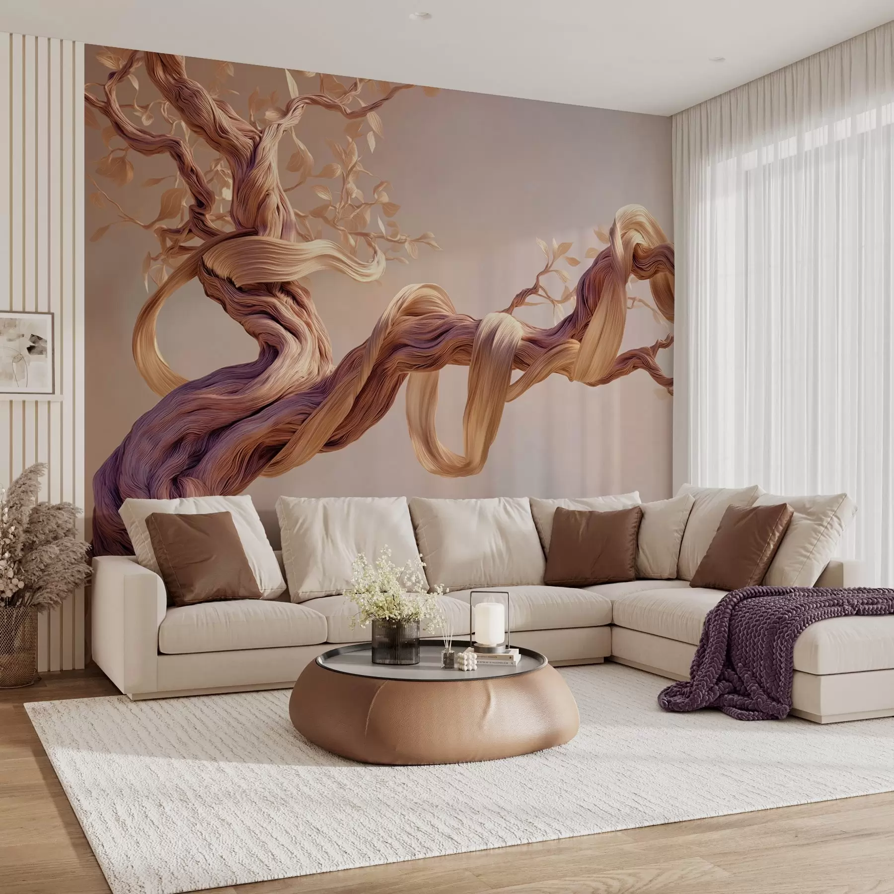 murales de pared Tronco de árbol retorcido con hojas decorativas w09360