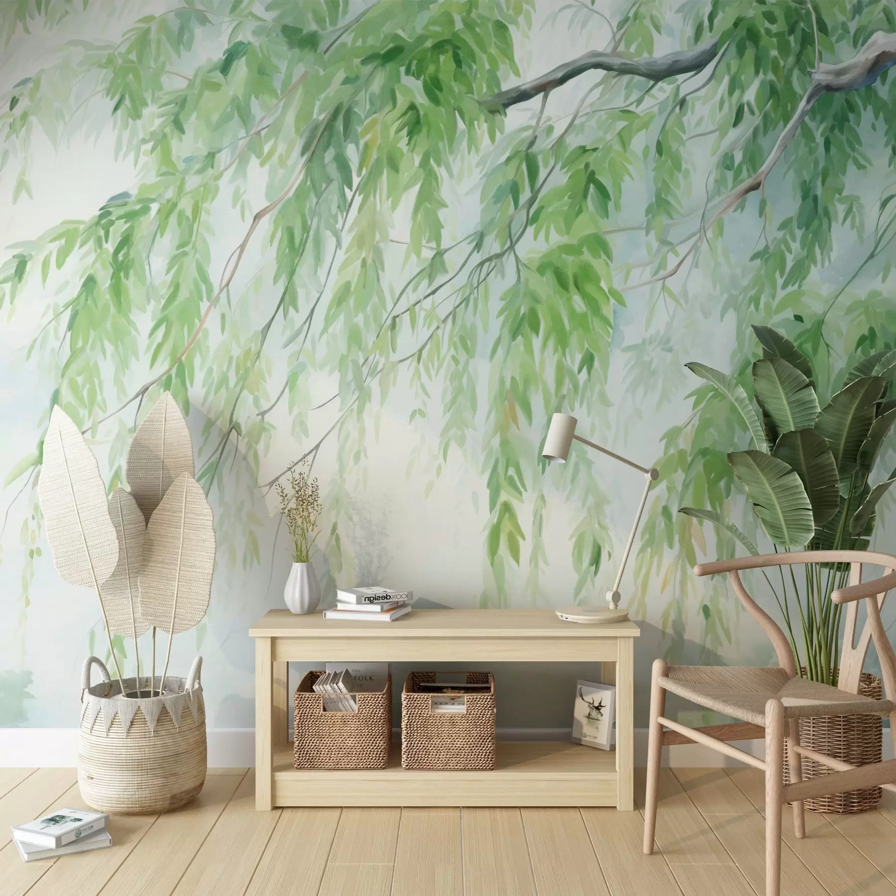 murales de pared Ramas de sauce llorón con hojas verdes colgando, pinceladas suaves y delicadas, estilo de pintura acuarela w09365