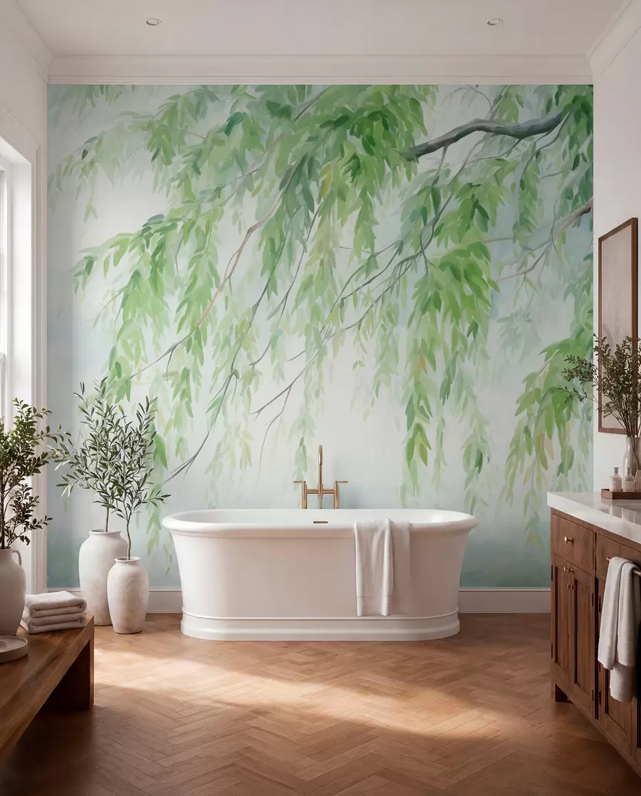 murales de pared Ramas de sauce llorón con hojas verdes colgando, pinceladas suaves y delicadas, estilo de pintura acuarela w09365