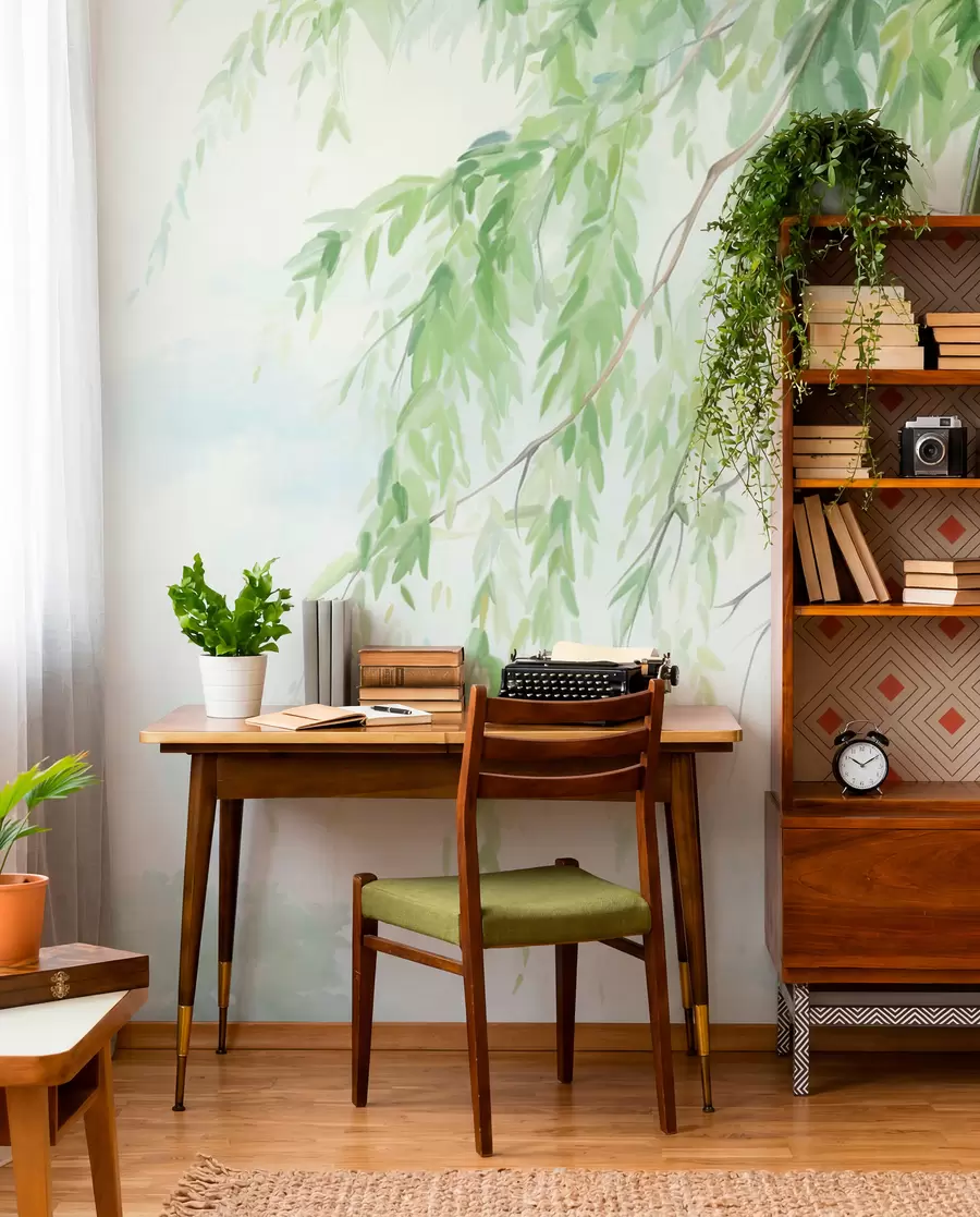 murales de pared Ramas de sauce llorón con hojas verdes colgando, pinceladas suaves y delicadas, estilo de pintura acuarela w09365