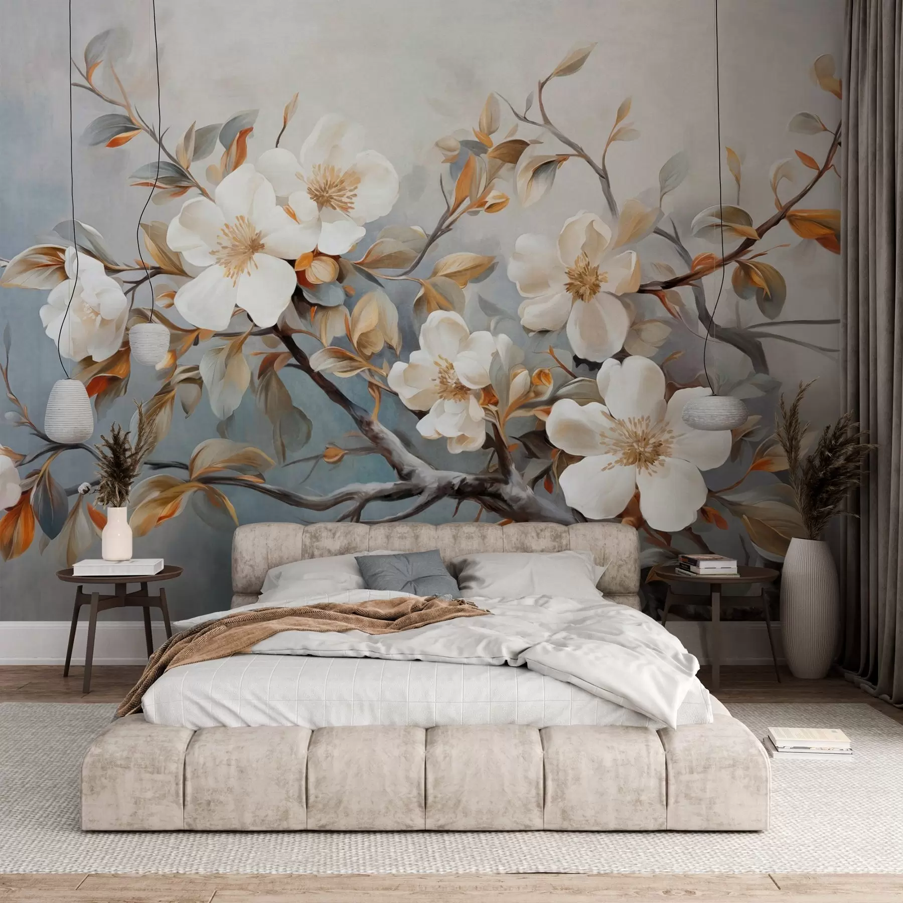 murales de pared Flores blancas con pistilos amarillos en una rama de árbol con hojas, fondo claro, estilo de pintura vintage, impresión texturizada w09368