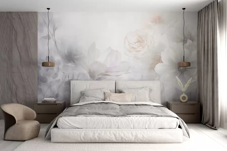 murales de pared Delicado arreglo floral abstracto con rosas y magnolias rosa pastel, enfoque suave, fondo gris claro w09371