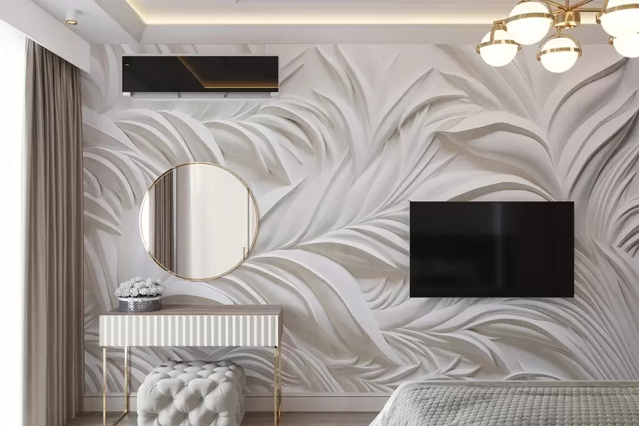 murales de pared Textura abstracta de hojas blancas y elementos florales, estética minimalista w09378