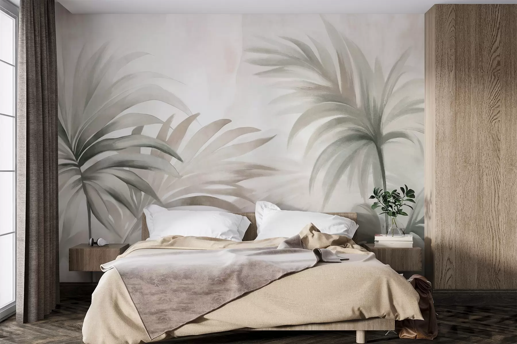 murales de pared Hojas de palmera texturizadas en colores neutros, fondo abstracto beige, pinceladas suaves, follaje tropical texturizado w09380