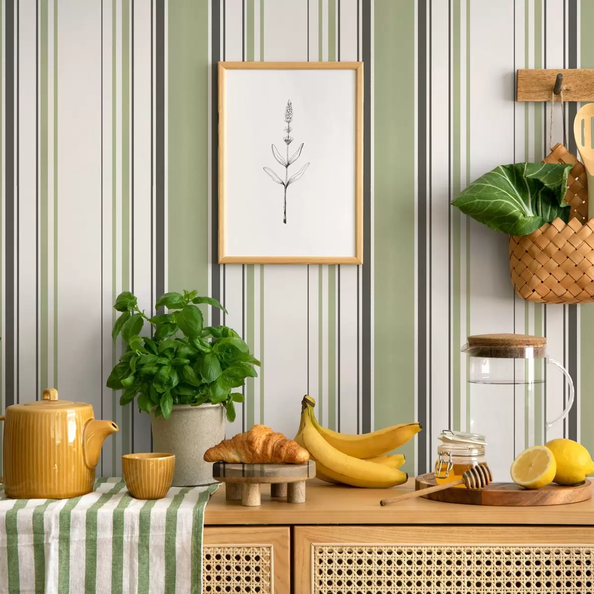 Papel pintado Fondo blanco con una mezcla de rayas verdes y negras a00520