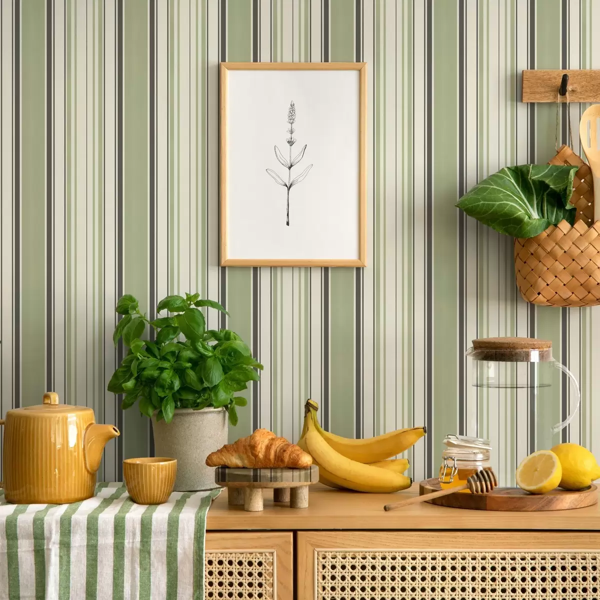 Papel pintado Fondo crema con una mezcla de rayas verdes y negras a00563
