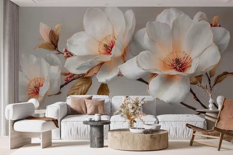 murales de pared Delicadas flores sobre una rama en tonos pastel con el centro naranja w09299