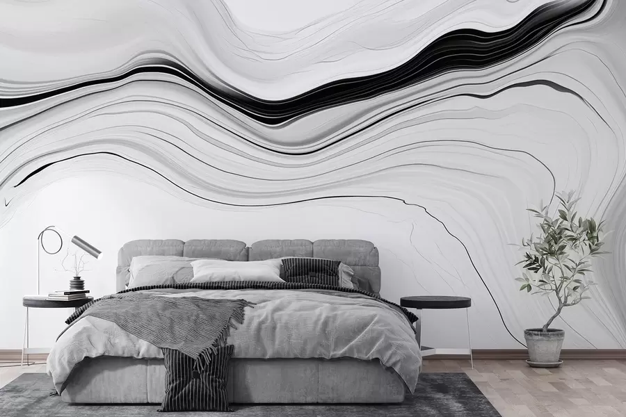 murales de pared Motivo en blanco y negro con efecto de capas de mármol w09358