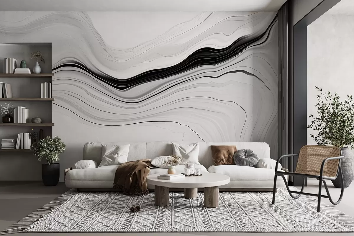 murales de pared Motivo en blanco y negro con efecto de capas de mármol w09358