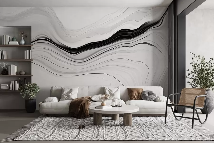 murales de pared Motivo en blanco y negro con efecto de capas de mármol w09358
