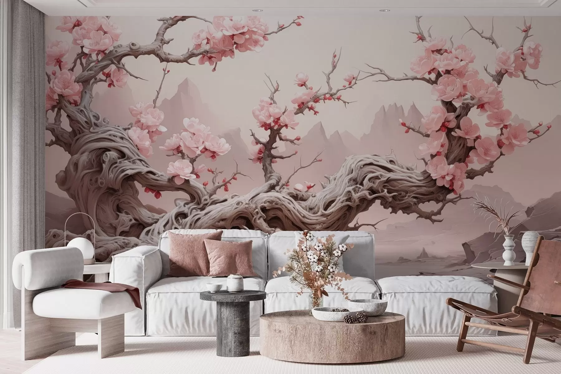 murales de pared Tronco de árbol retorcido con sakura rosa en flor w09388