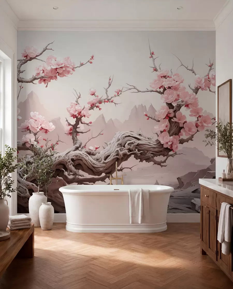 murales de pared Tronco de árbol retorcido con sakura rosa en flor w09388