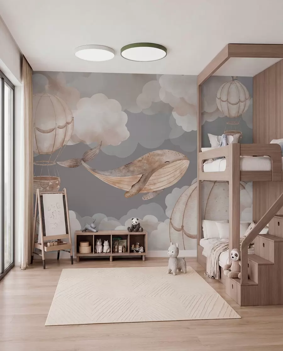 murales de pared Ballenas y globos aerostáticos entre suaves nubes w04522