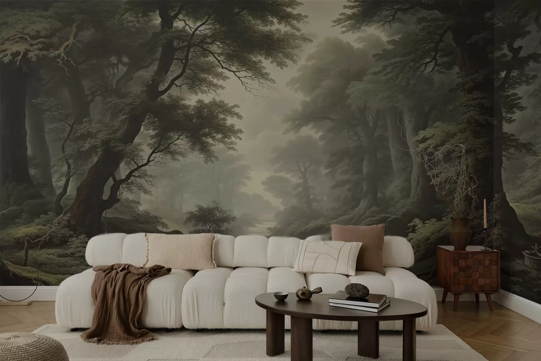 murales de pared Bosque brumoso con río y árboles antiguos de gran altura w04555