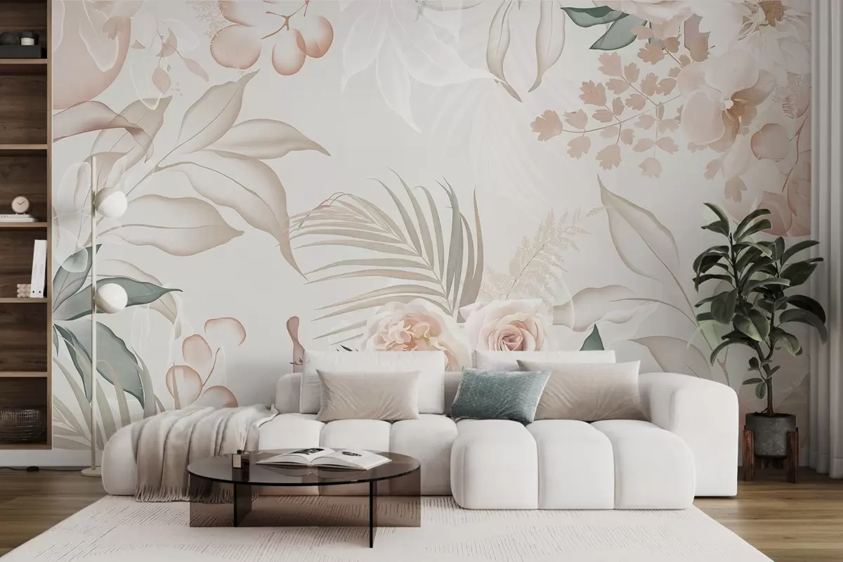 murales de pared Arreglo floral con textura, compuesto por rosas, orquídeas, eucalipto y hojas de palmera en colores pastel, con fondo beige w09393