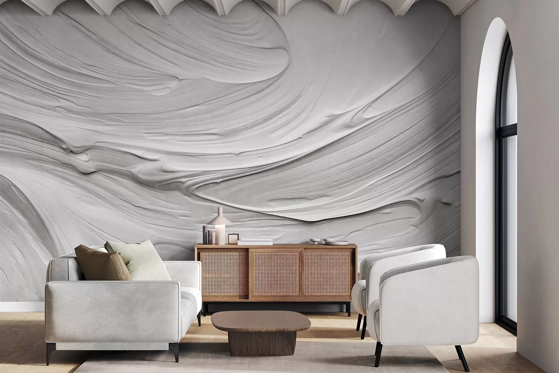 murales de pared Imitaciones de pinceladas abstractas de pintura blanca con textura y un patrón en espiral, composición moderna minimalista y neutra w09394