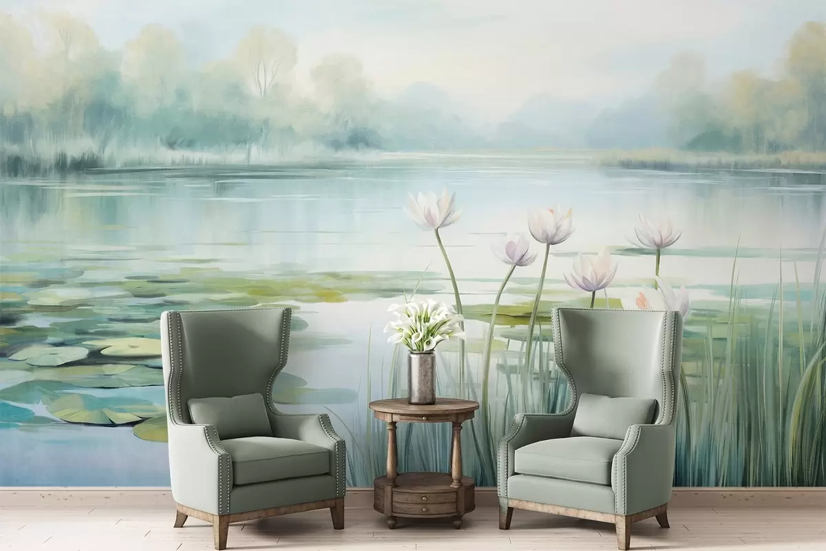 murales de pared Paisaje con un lago, nenúfares y hojas de nenúfar, árboles al fondo, en un entorno tranquilo, tonos azul claro y verde w09395