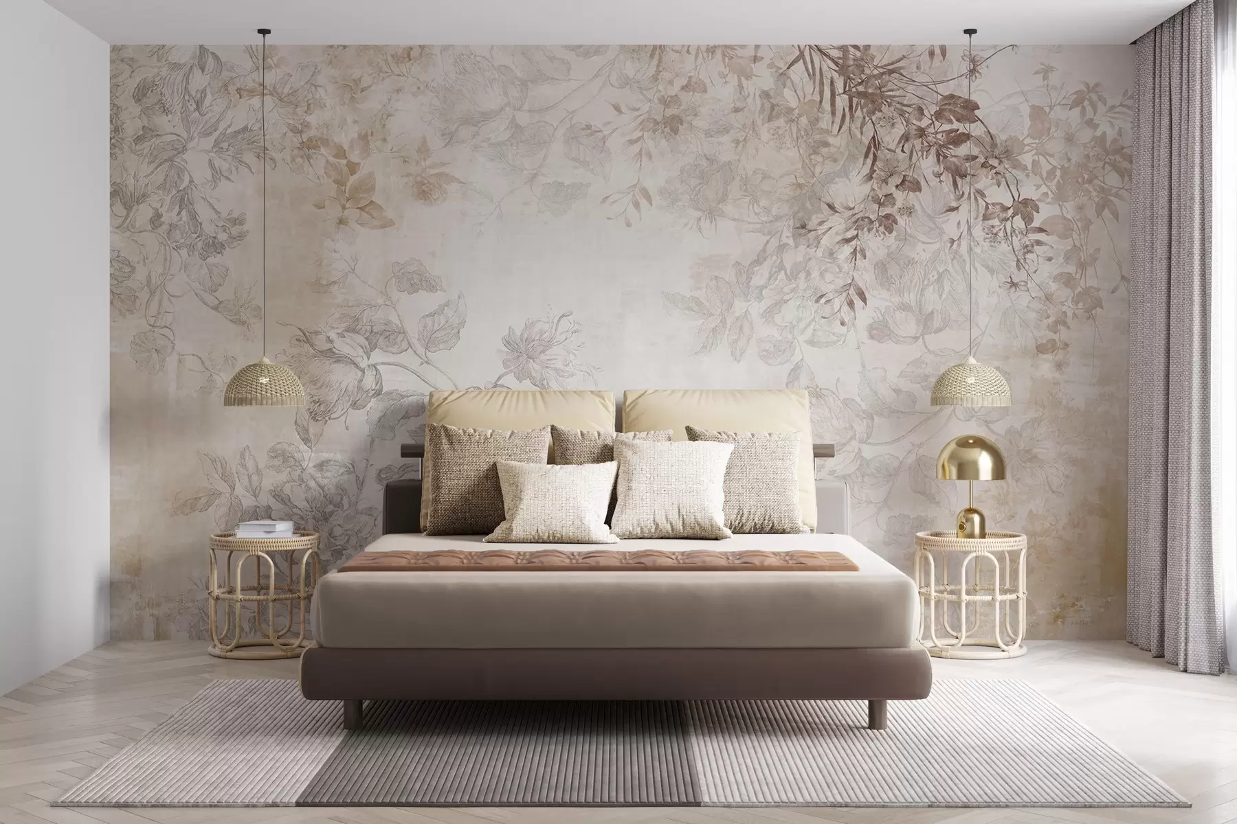 murales de pared Arte floral vintage con textura, ilustraciones de delicadas flores y hojas de jardín en estilo dibujo, suaves tonos pastel beige y sepia w09402