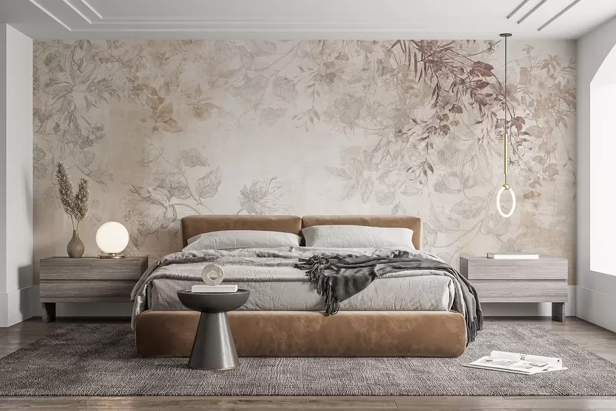 murales de pared Arte floral vintage con textura, ilustraciones de delicadas flores y hojas de jardín en estilo dibujo, suaves tonos pastel beige y sepia w09402