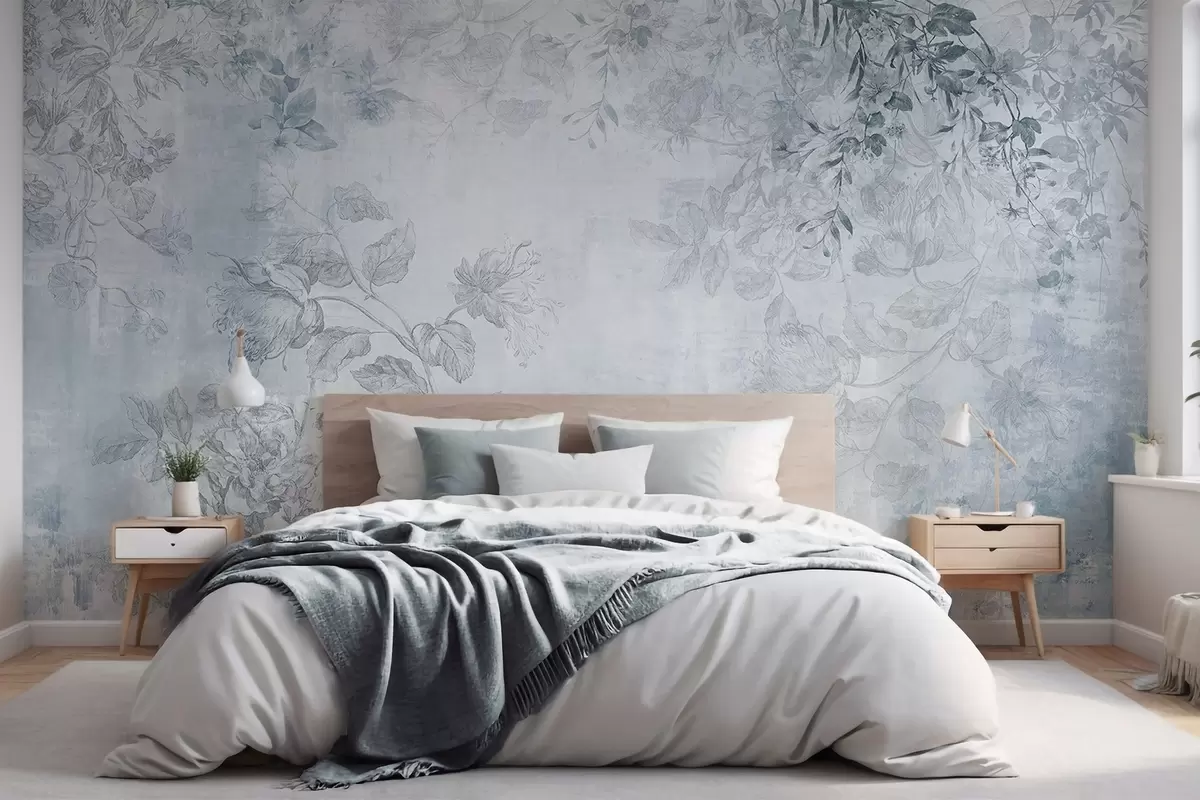 Murales de pared Arte floral vintage con textura, ilustraciones de delicadas flores y hojas de jardín en estilo dibujo, tonos azules suaves w09402v1 murales de pared Arte floral vintage con textura, ilustraciones de delicadas flores y hojas de jardín en estilo dibujo, tonos azules suaves w09402v1