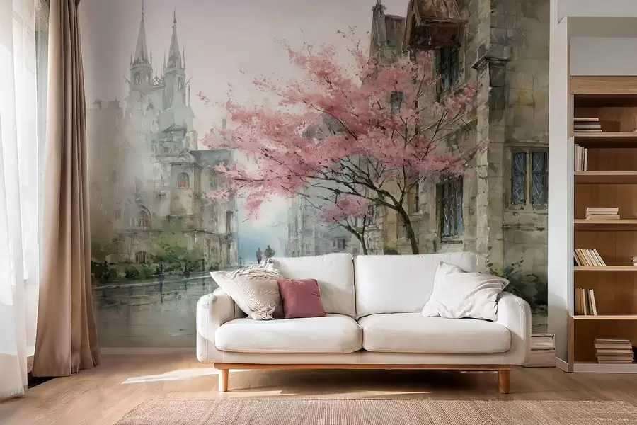 murales de pared paisaje urbano en estilo acuarela w04500