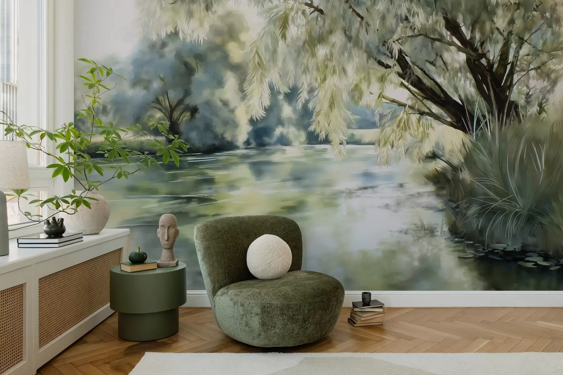 murales de pared árbol de estilo acuarela sobre el lago w04501