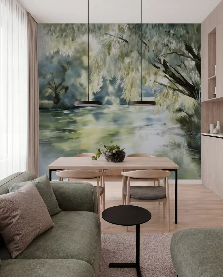 murales de pared árbol de estilo acuarela sobre el lago w04501