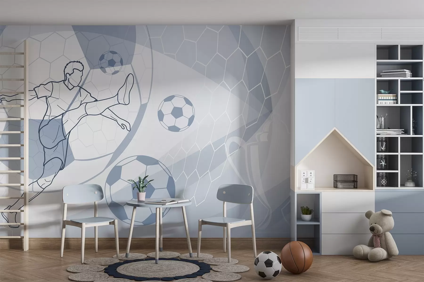 murales de pared Jugador de fútbol y balones w04601