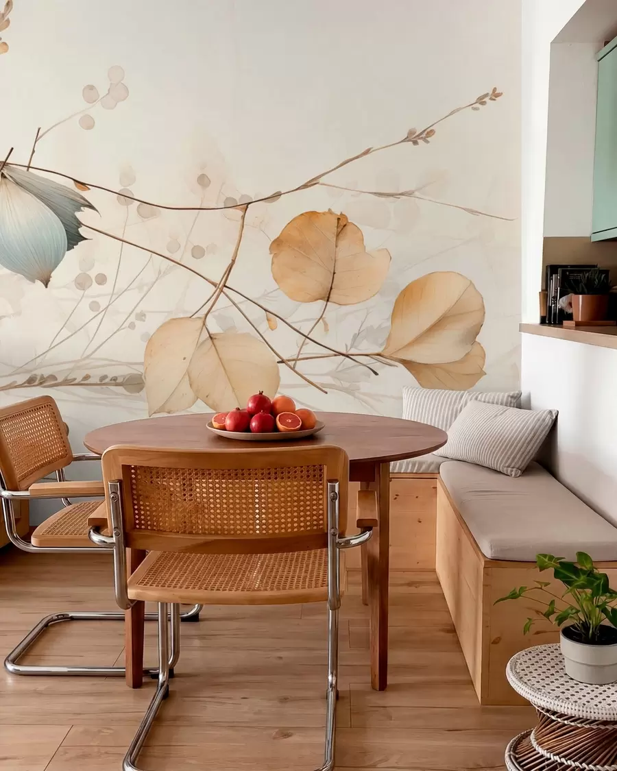 murales de pared Ramas delicadas con hojas en tonos beige w04579