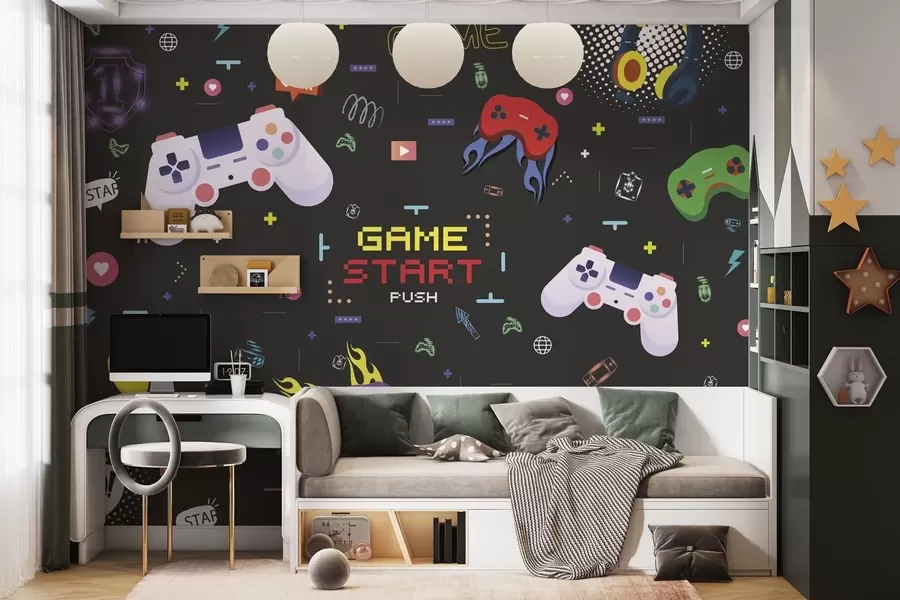 murales de pared Diseño llamativo para gamers con consolas y texto pixelado w04581