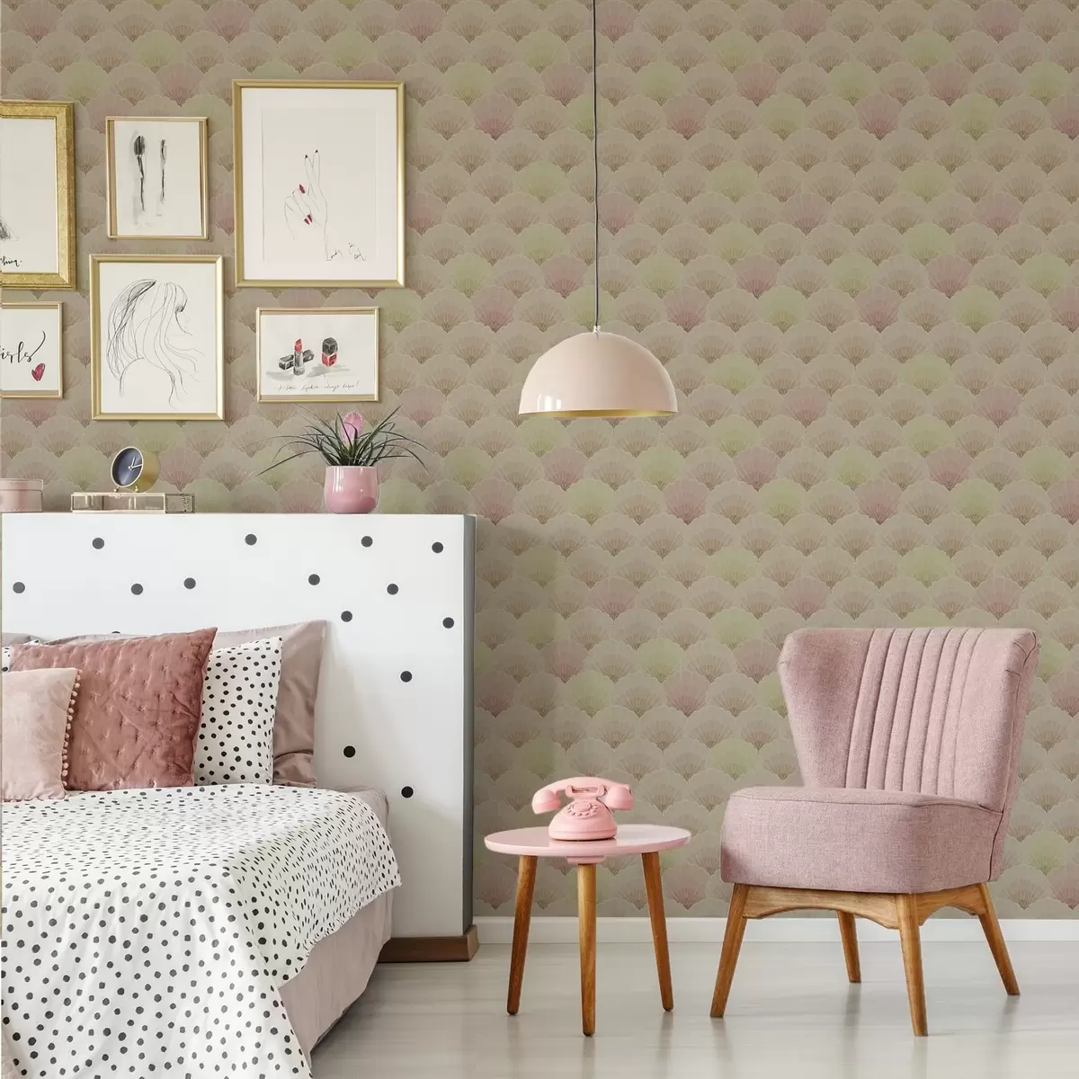 Papel pintado Conchas Art Déco en tonos pastel — patrón rítmico a00493