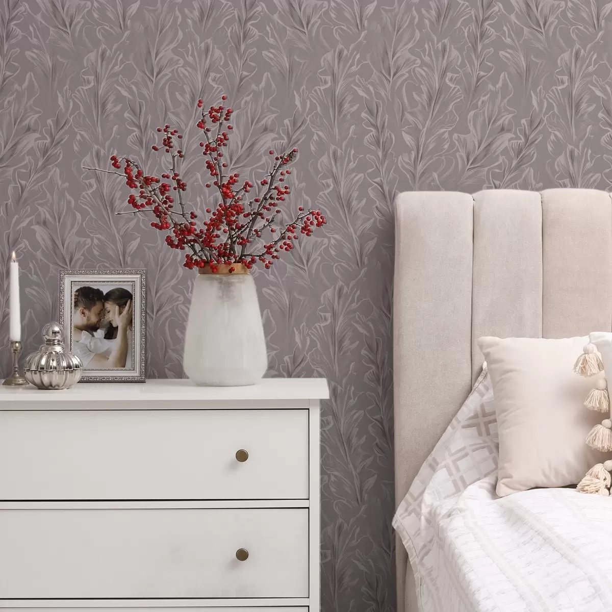 Papel pintado Ondulantes olas frondosas en una paleta de colores rosa empolvado y beige a00495