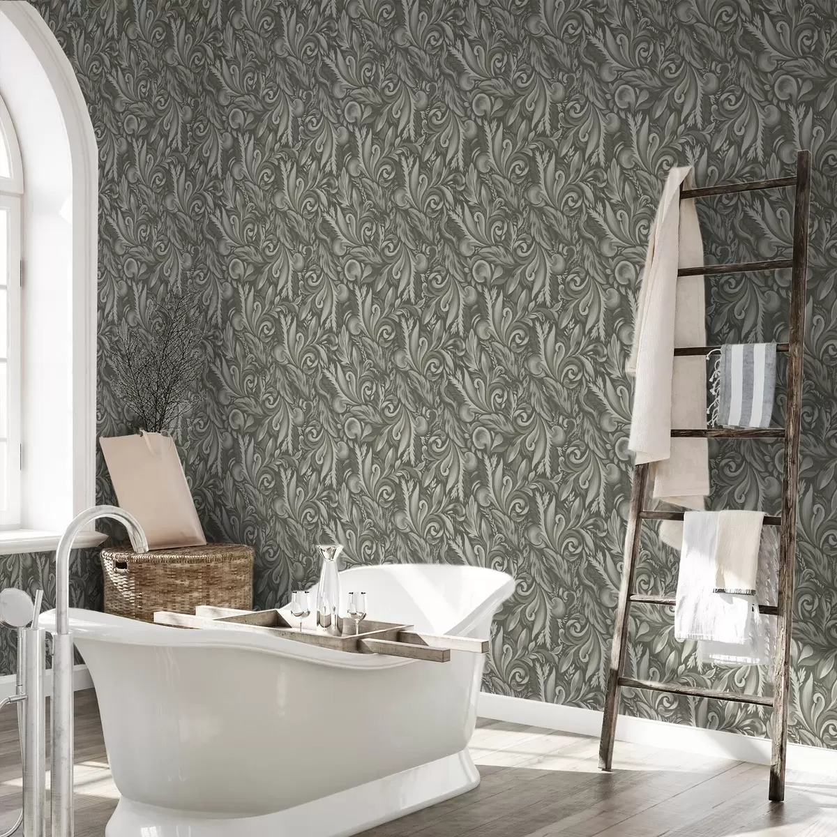 Papel pintado Volutas de acanto en una paleta de colores beige oliva a00501