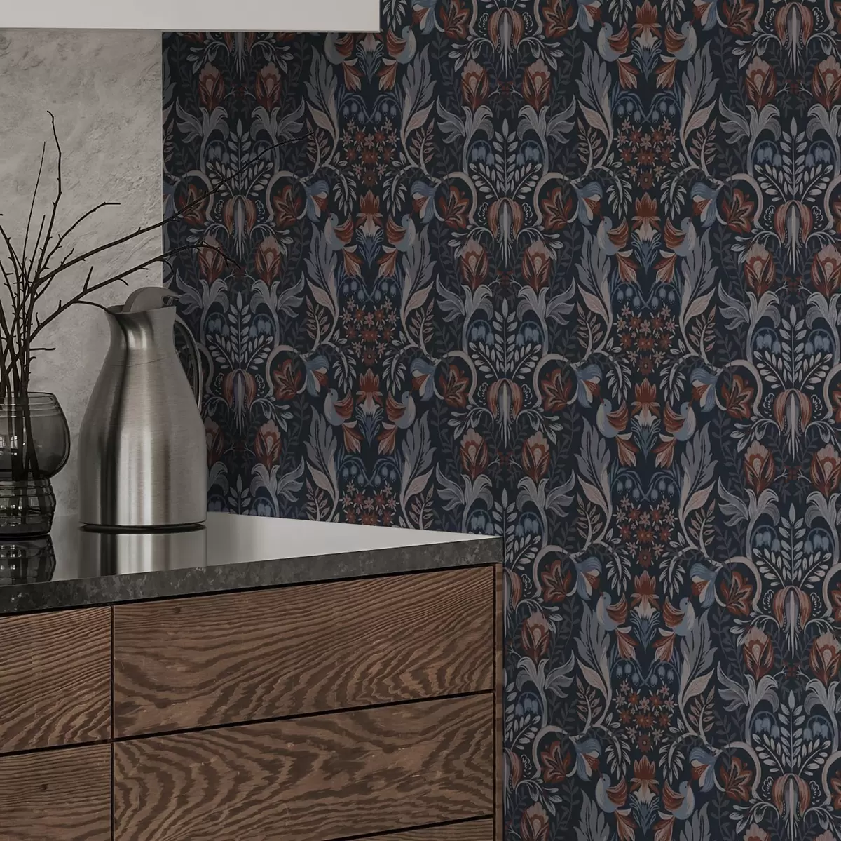 Papel pintado Adorno popular con pájaros, índigo intenso a00502v1