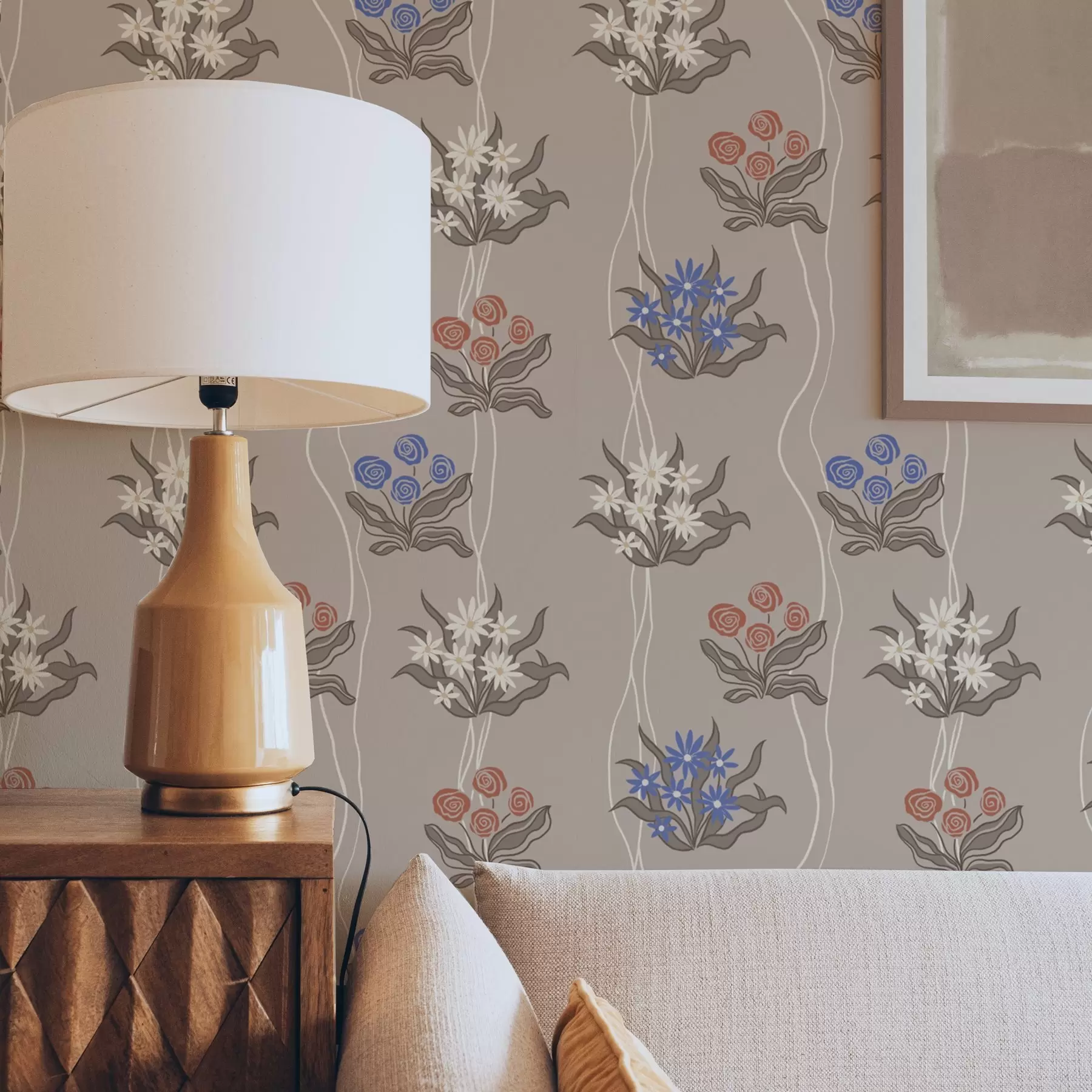 murales de pared Flores retro con líneas onduladas sobre un fondo beige cálido a00503