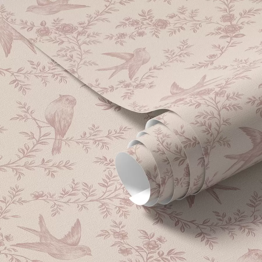 murales de pared Pájaros y rosas, estampado vintage en rosa empolvado a00587
