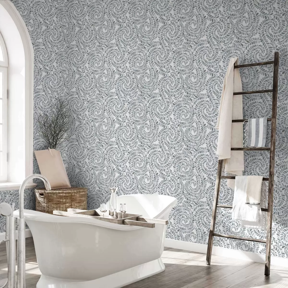 Papel pintado Espirales frondosas en tonos gris azulados fríos a00602v1