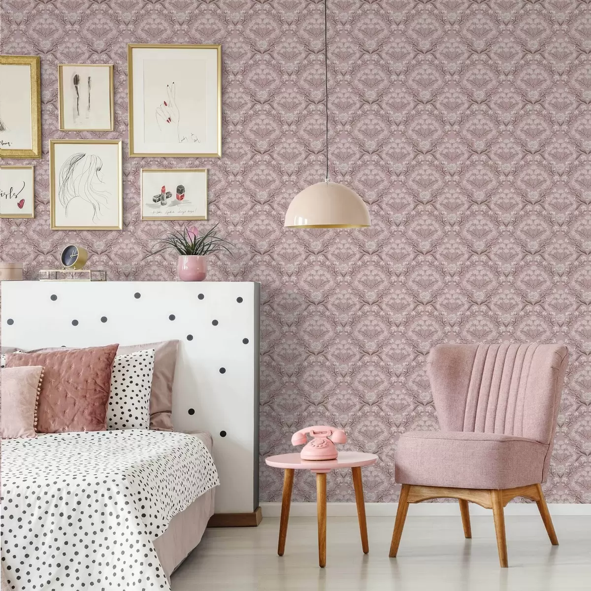 Papel pintado Damasco rosa: peonías, campanillas de invierno y racimos de encaje a00603