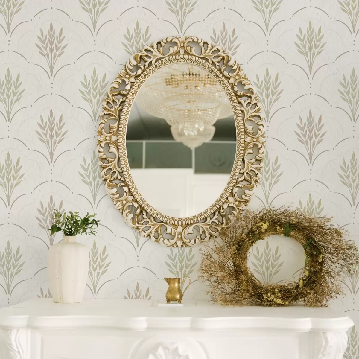 Papel pintado Trigo en un adorno arqueado, suaves tonos pastel sobre fondo blanco a00607v1