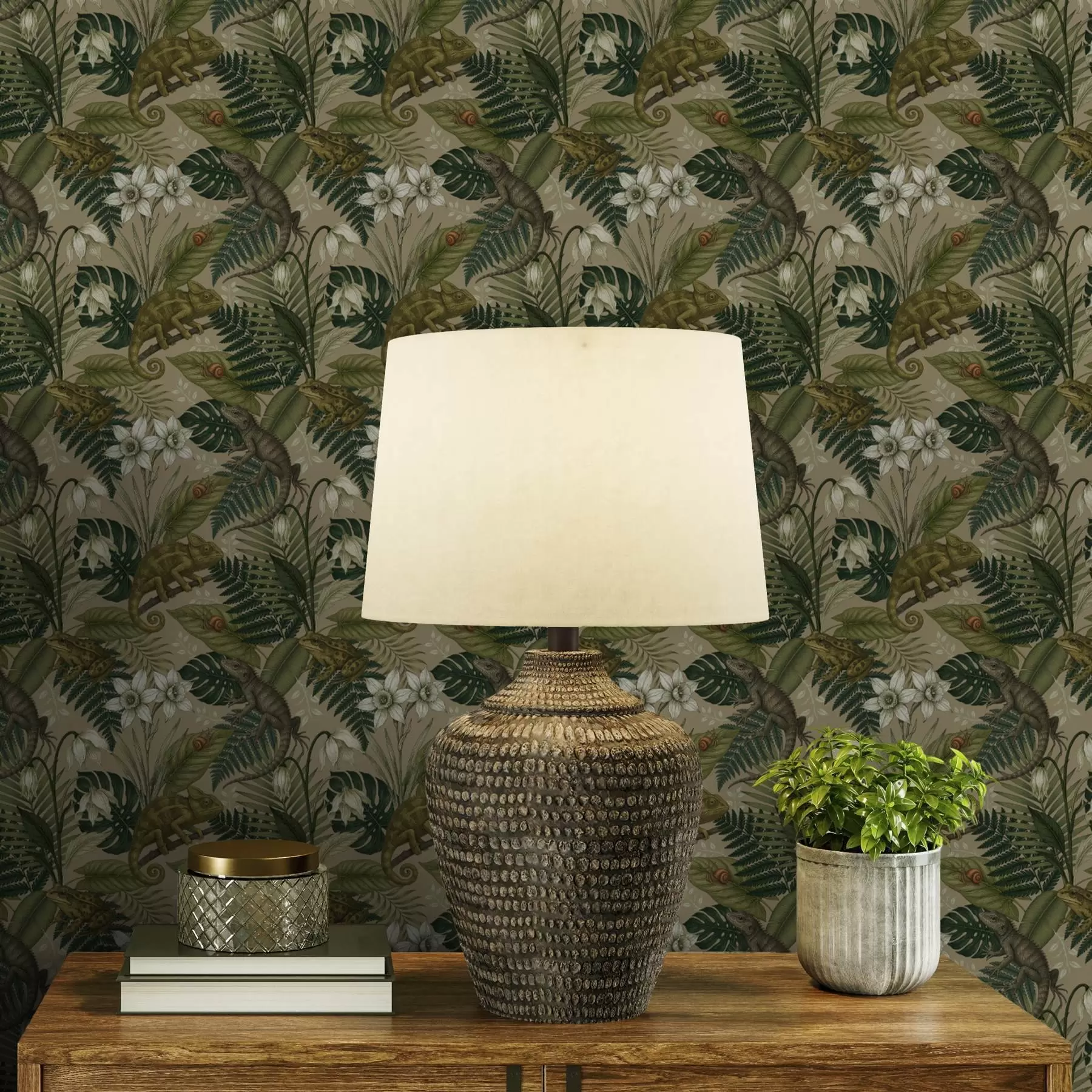 murales de pared Camaleones y hojas tropicales, flores blancas, fondo beige a00608