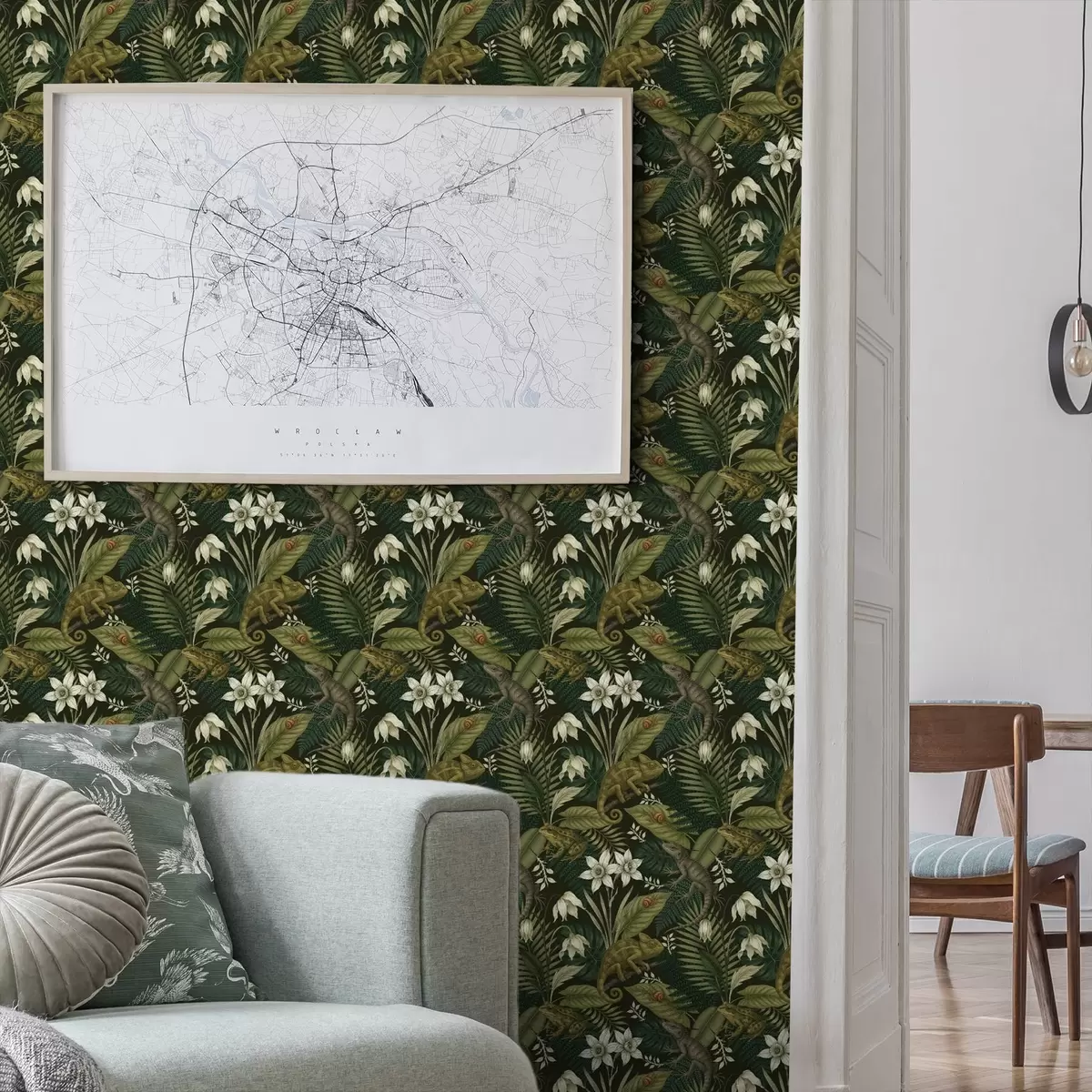 Papel pintado Camaleones y hojas tropicales, flores blancas, fondo oscuro a00608v1